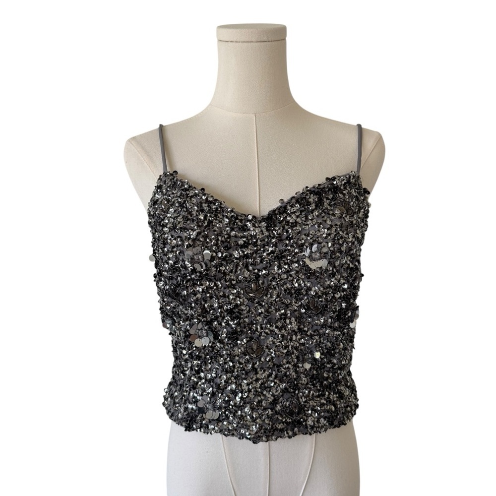 Express Silver Sequin Floral Crop Cami